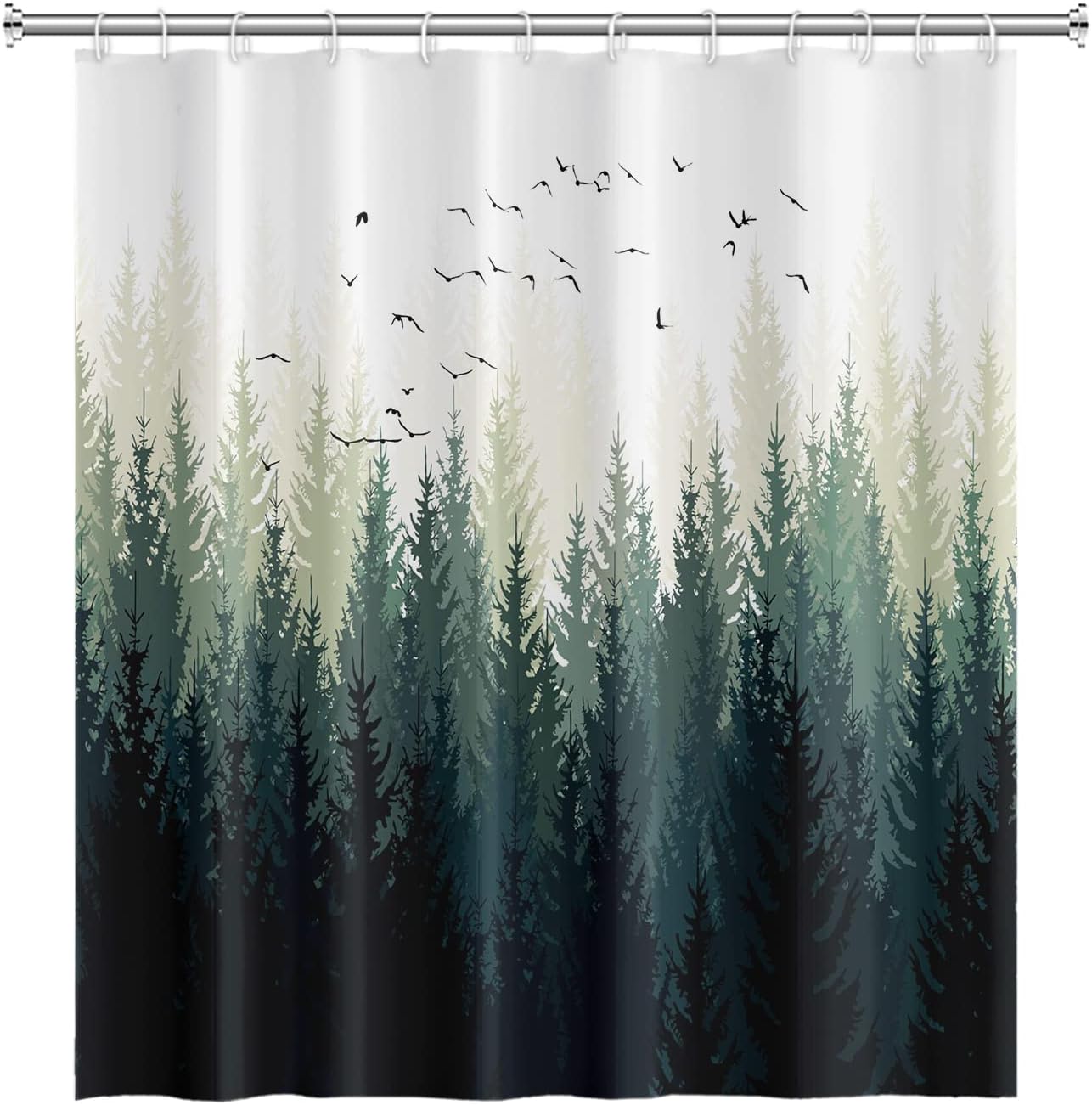Green Misty Forest Bathroom Shower Curtain Nature Tree Mountain Woodland Asuka Bath Curtain Waterproof Polyester Fabric Shower Curtains with Hooks for Modern Home Decorative, 72x72 Inch