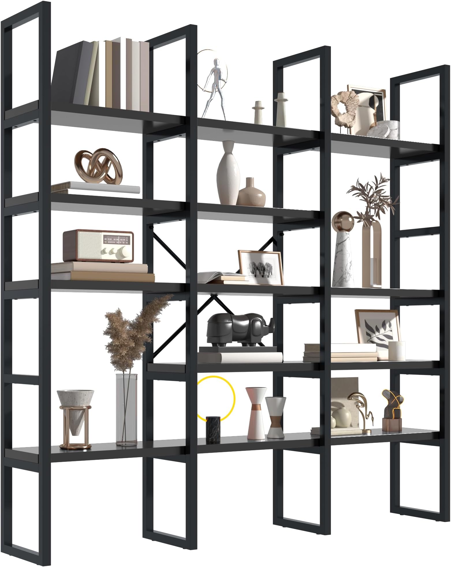 Jehiatek Large Bookshelf 5 Tiers, Triple Wide Geometric Bookcase, 71 Inches Tall Industrial Book Shelves Etagere Book Case, Sturdy Metal Frame, Freestanding Display Shelving Unit, Black