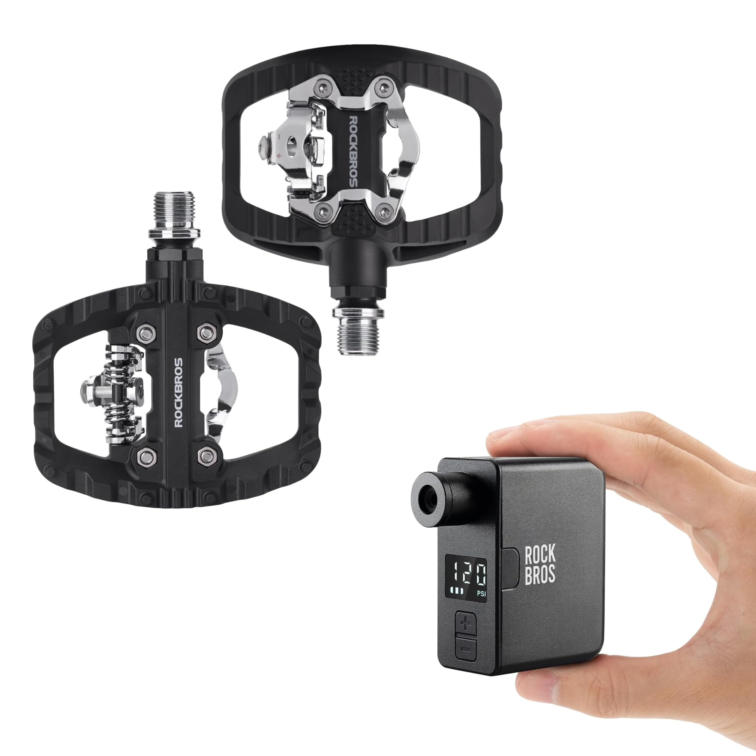 ROCKBROS Mini Pompa per Elettrica Bicicletta,Valvole Presta e Schrader + Pedali MTB Flat Bici SPD, per Bici da Strada, Gravel Bike