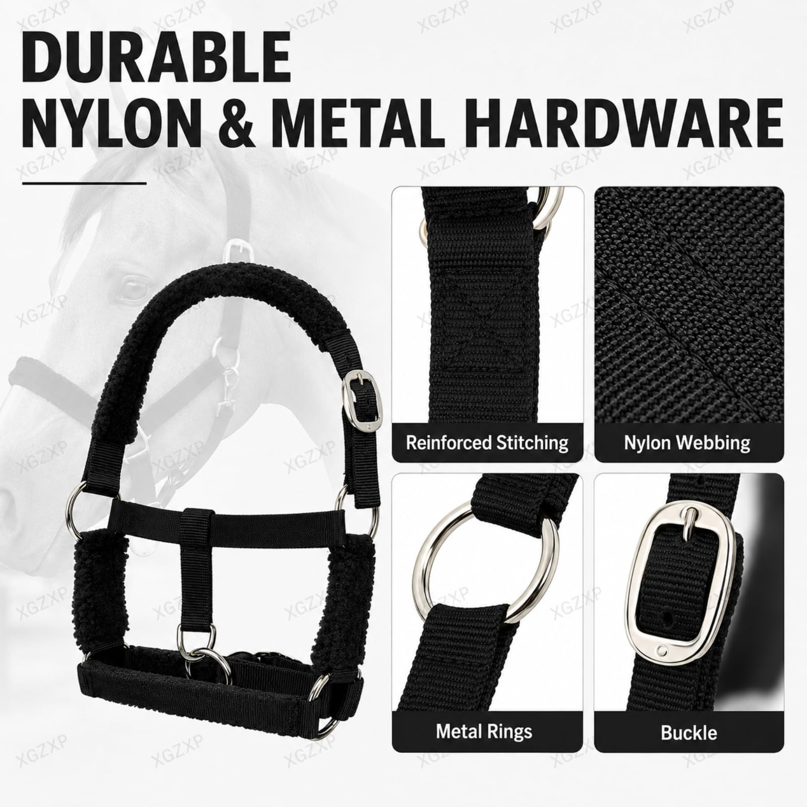 Set di Cavezze in Pile, Cavezza Imbottita per Cavallo in Pile con Design Regolabile in Fettuccia di Nylon, Corona Imbottita, Sgancio di Sicurezza Resistente per La Gestione Black-Purple s