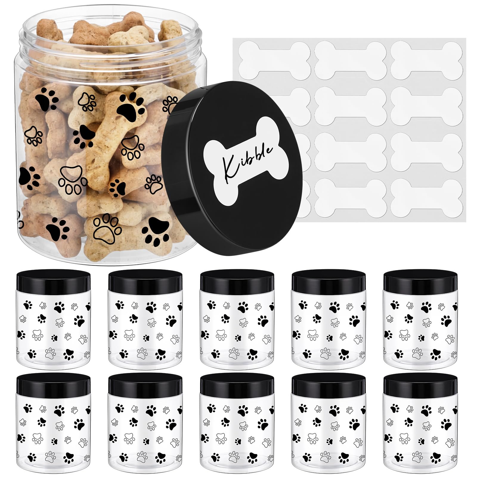 Suclain Confezione da 12 barattoli in plastica da 226,8 g, con coperchio con etichette per osso, piccoli contenitori vuoti trasparenti per alimenti secchi, snack, snack per cani, gatti, feste di
