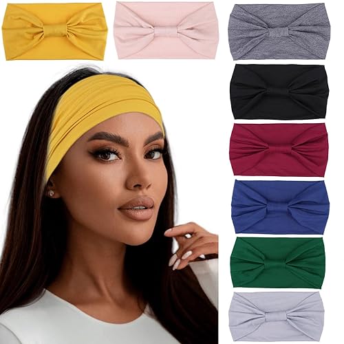 Miniatura 10 de XTREND 4 paquetes de diademas anchas de moda estilo bohemio elásticas anudadas antideslizantes negras para mujer para deportes al aire libre yoga