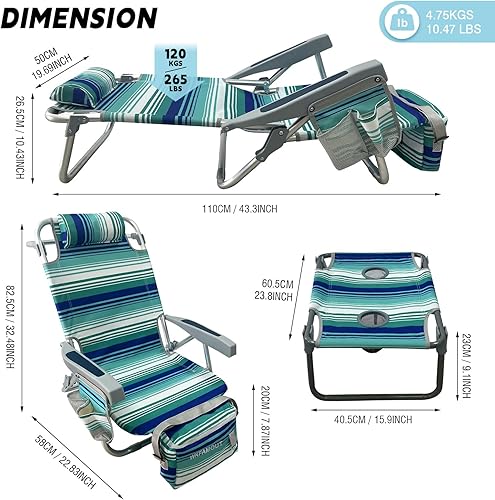 Miniatura 3 de Silla de playa de aluminio con mesa de camping plegable de 5 posiciones, silla de descanso plana para exteriores para adultos con bolsa térmica