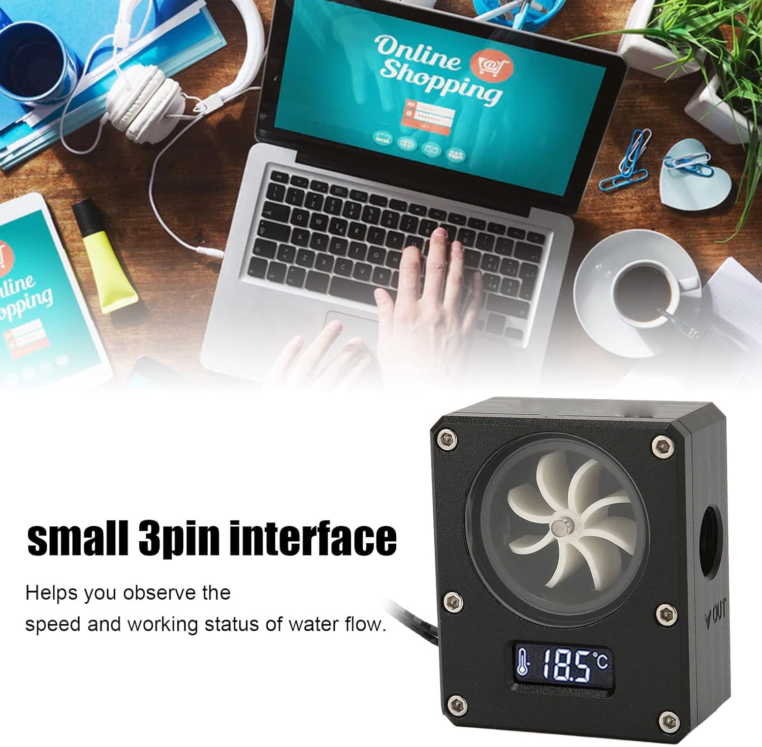 Water Flow Meter for PC, Desktop Water Cooling System, 3Pin 12V Flow Meter with LCD Display (Black)