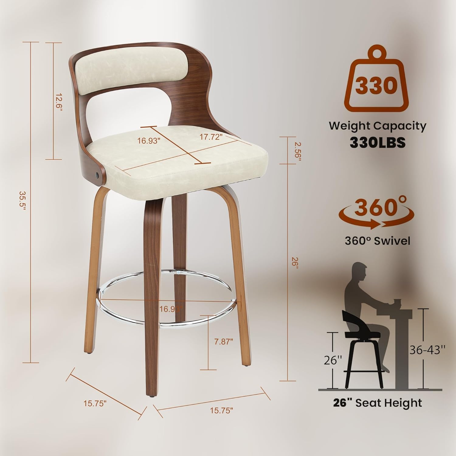 Swivel Bar Stools Set of 4, 26" Counter Height Bar Stools, Mid-Century Modern PU Leather Modern Island Chairs with Back and Footrest, for Kitchen, Bar, Restaurant, Cafe (Beige Gray)