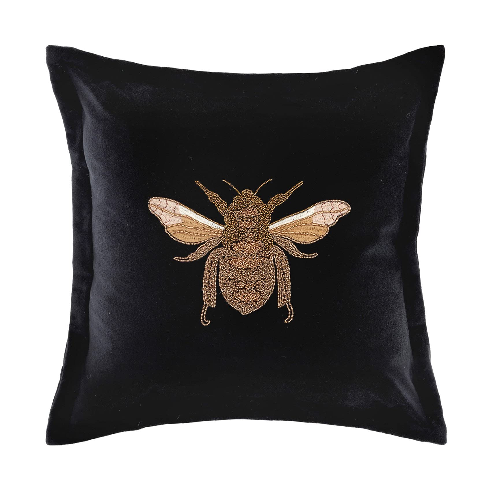 Voyage Maison Black Layla Feather Filled Cushion – Velvet Embroidered Bee Gold Oxford Edge Ikon Luxury Décor ( - 50X50cm)