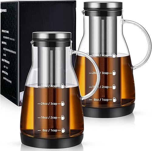 Mifoci 2 piezas de cafetera fría de 32 onzas de vidrio helado con tapa de acero inoxidable y filtro extraíble, jarra de almacenamiento de cerveza