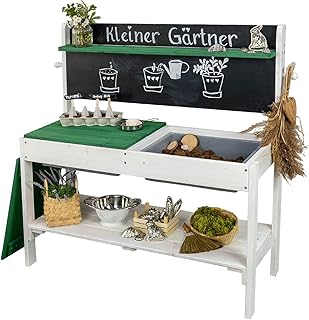 Meppi Matschküche Kleiner Gärtner Weiss / grün Outdoorküche aus Holz - Pflanztisch für Kinder / Basteltisch