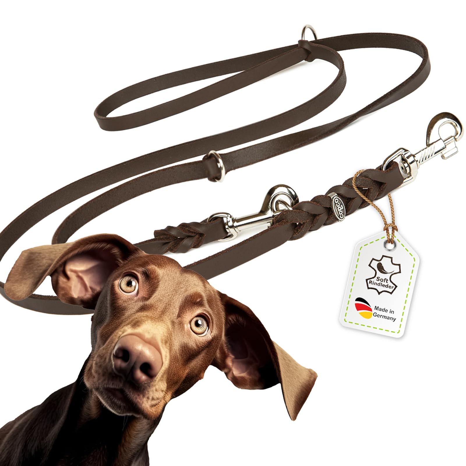 CopcoPet Correa de piel grasa para perros – Correa ajustable de 3 capas de piel suave con mosquetones y herrajes de cromo – Correa trenzada 100% hecha a mano en Alemania (2,80 m x 20 mm, marrón)