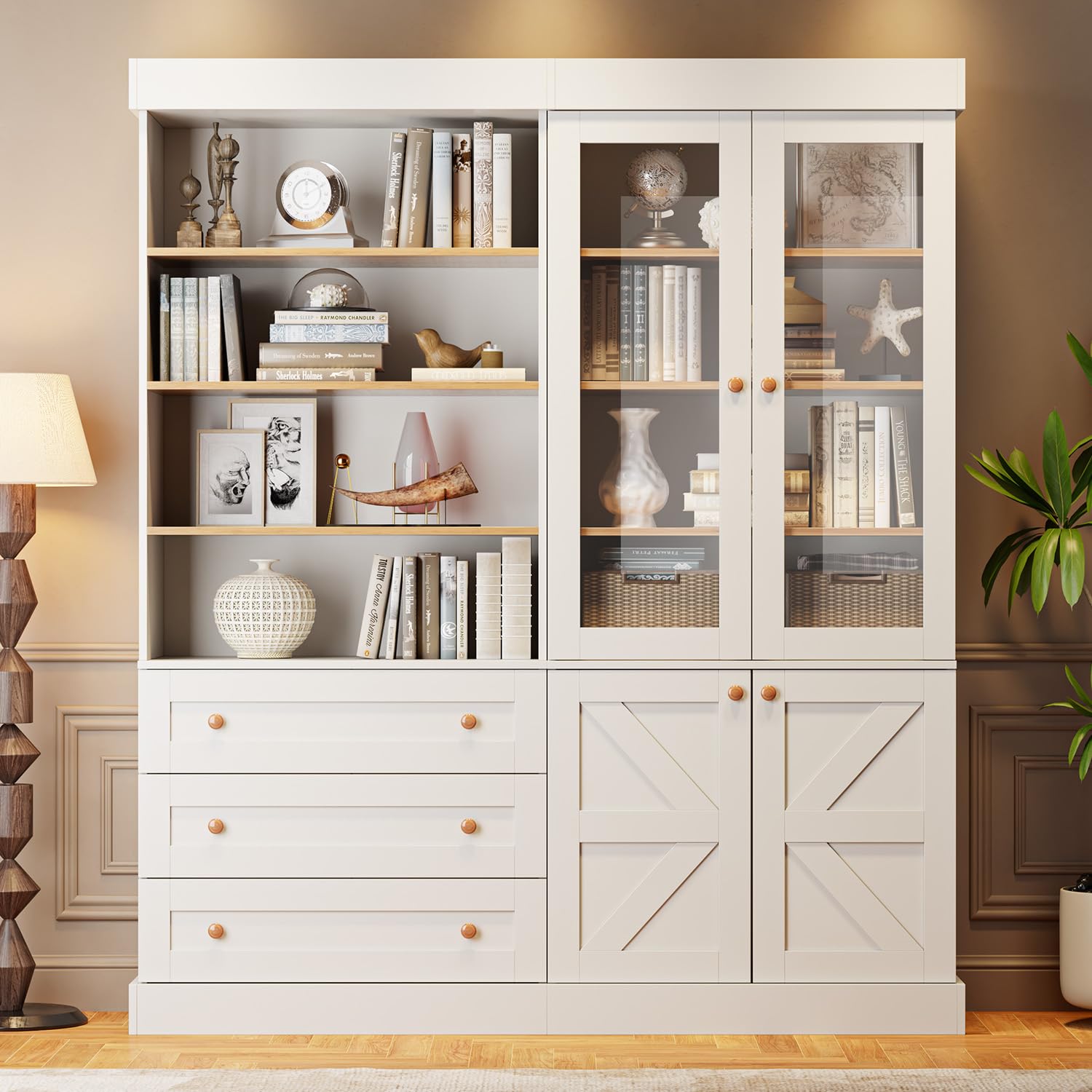 Vyre 71" Tall Farmhouse Bookshelves with Glass Doors and Drawers, Set of 2 – Large Modular Bookcase with Adjustable Shelves, Storage Cabinet for Living Room, Kitchen, White