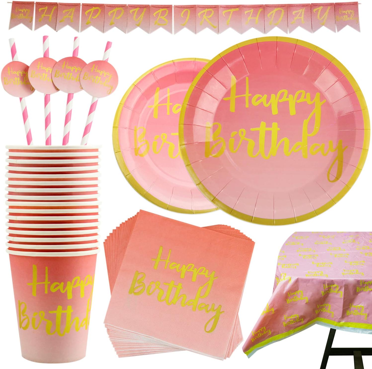 Kompanion Pink and Gold Party Set - 102 Piece Party Supplies Kit with Banner, Plates, Cups, Napkins, Tablecloth - Serves 25, Perfect for Birthday Parties and Themed Celebrations