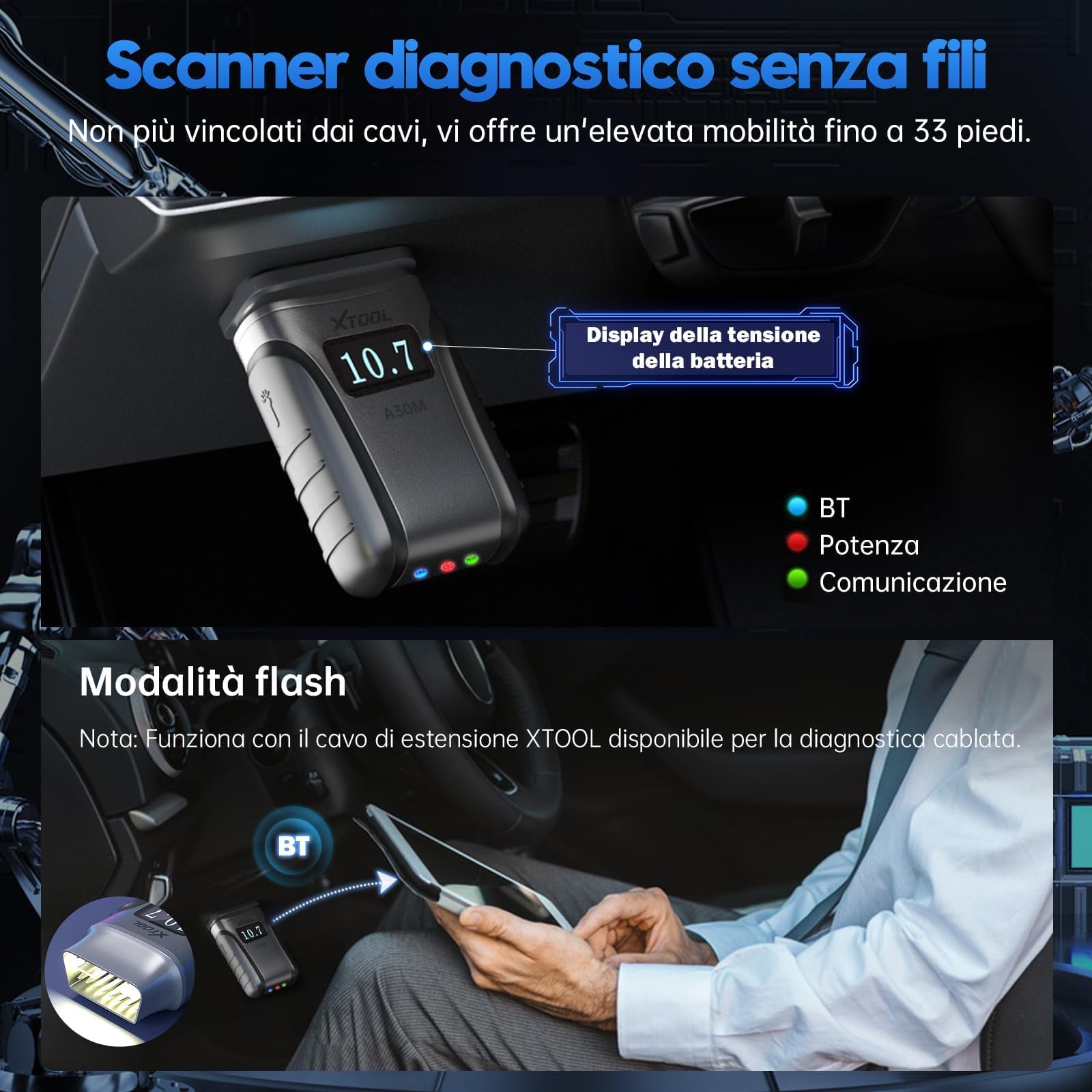 XTOOL A30M OBD2 Auto Diagnostica, Diagnosi Auto Wireless BT con 26+ Reset, Contrôle Bidirectionnel/Test Attivi e Lettura Codici Errore per Tutti i Sistemi, FCA & CANFD, Compatibile con Android e IOS
