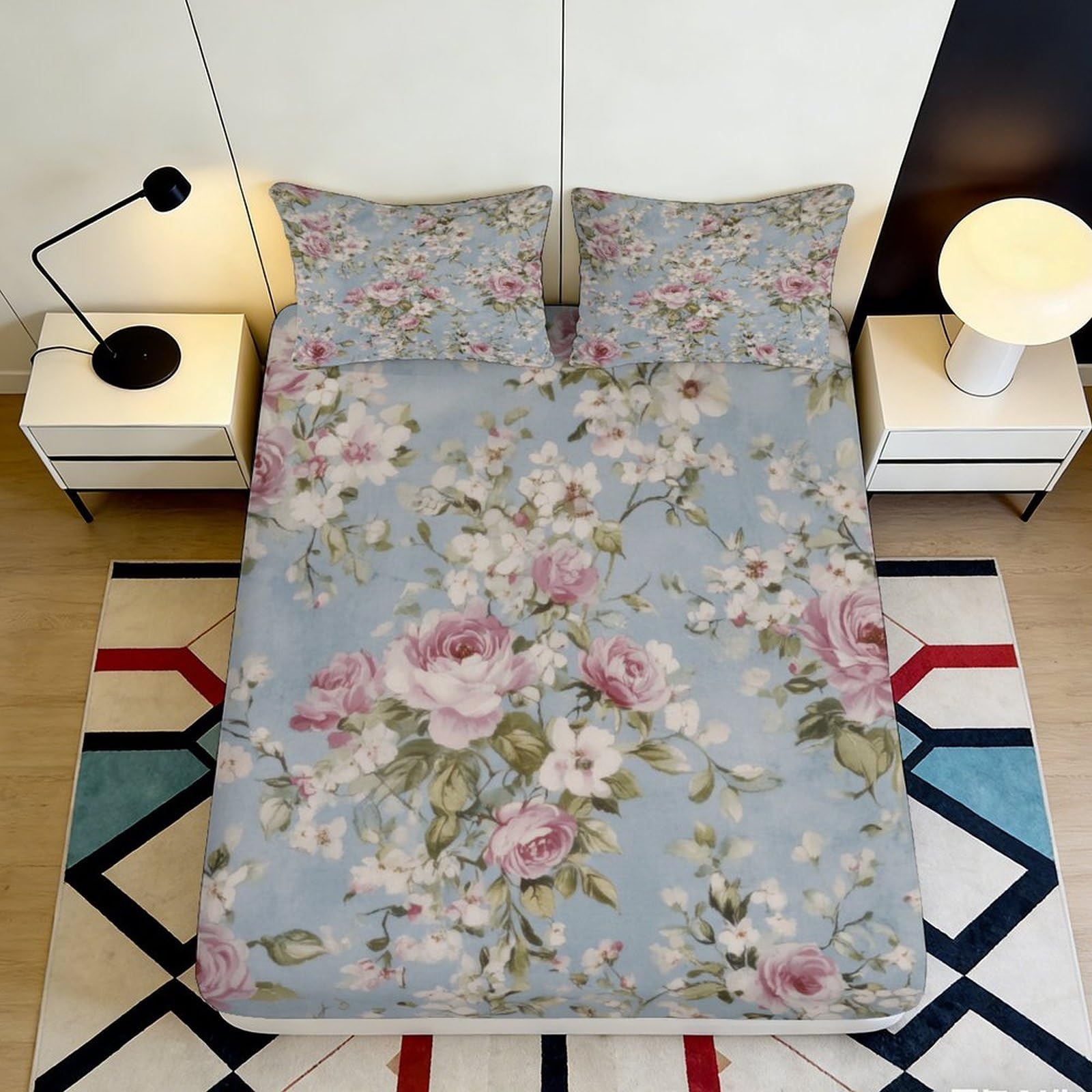 Kzqnxhjprl Style-6 3D Printed Blue Floral Fitted Sheet Microfiber Soft Breathable Pink Rose Bed Sheet For Bedroom Guest Room Decor 90X200x25cm