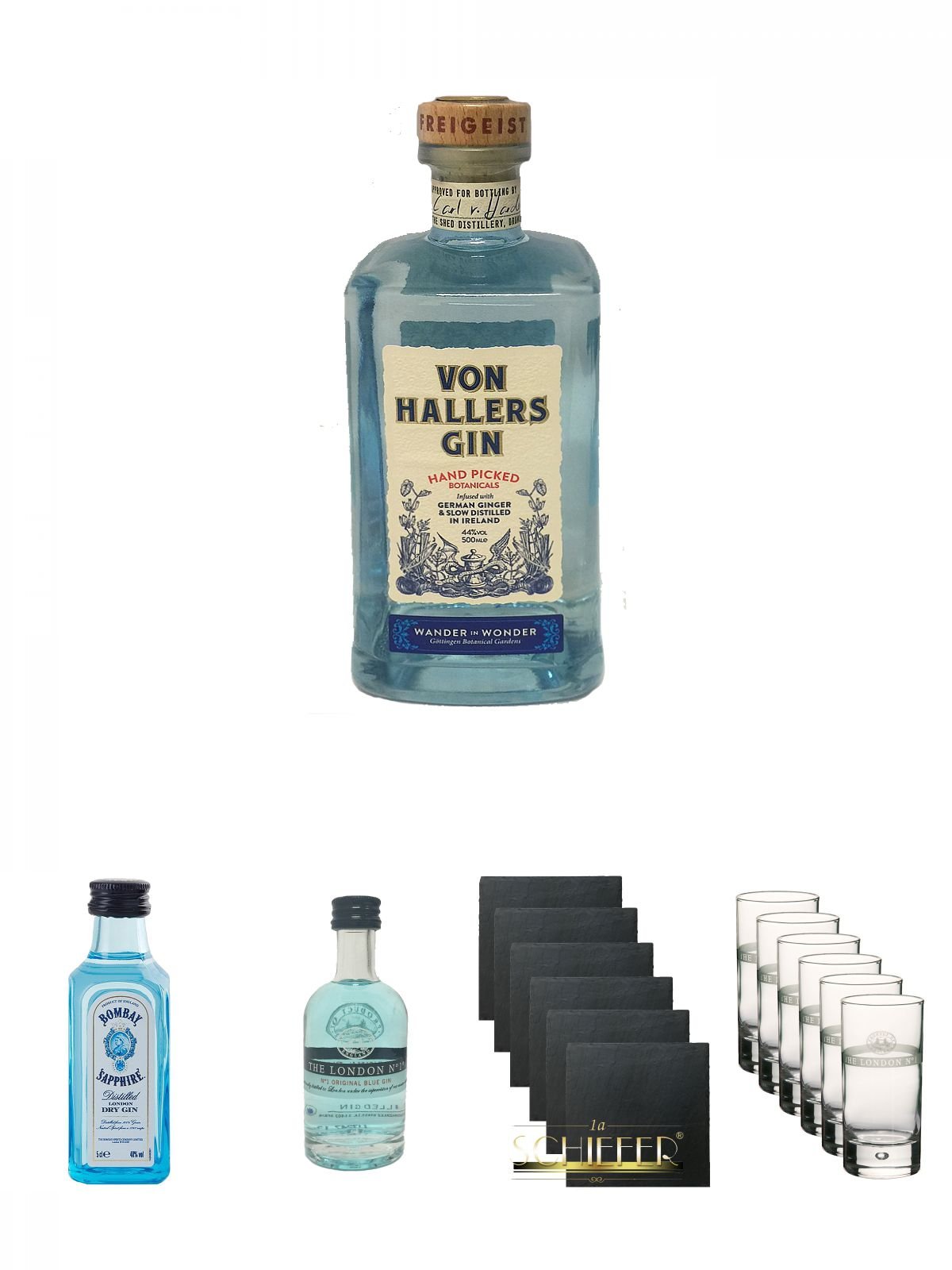 Von Hallers Gin 0,5 Liter + Bombay Sapphire Gin 5 cl Miniatur + The London No. 1 Gin 5 cl Miniatur + Schiefer Glasuntersetzer eckig 6 x ca. 9,5 cm Durchmesser + The London No. 1 Longdrinkglas 6 Stück