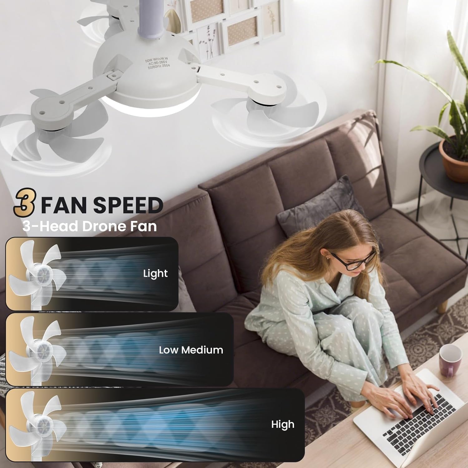 Dimmbar LED Lampe mit Ventilator, Deckenlampe mit Ventilator Leise, Timing, 50W 3-Gang Deckenventilator mit Licht und Fernbedienung (inkl. Lampenfassung E27 mit Verlängerung) für Schlafzimmer Wohnung