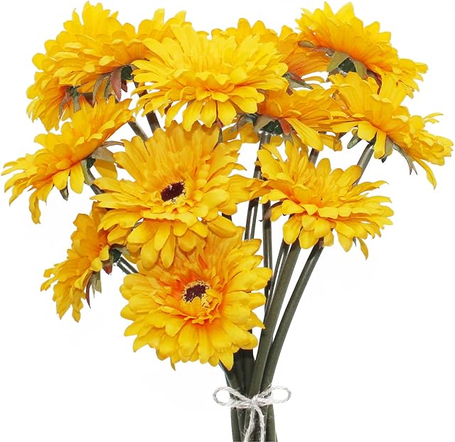 HASWITDA 12PCS Artificial Gerbera Flower Single Stem Bloom Bouquet Plastic Silk Fake Decorative Flora Outdoor Indoor Home Garden Office Hotel Wedding Party Yellow
