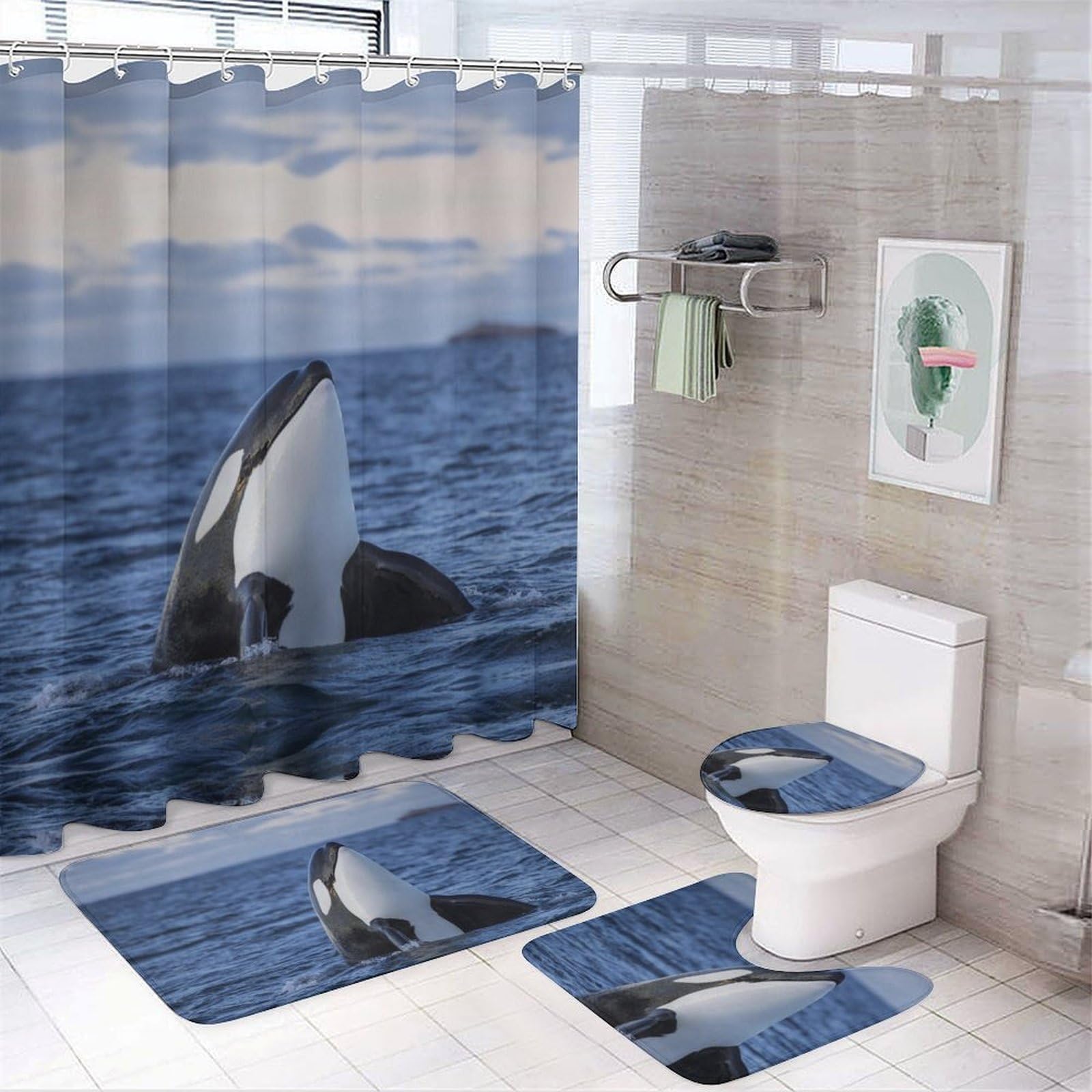 JiuPopular Bathroom Mat Set 4 Piece, Killer Whales Orca Shower Curtain with Non-Slip Bath Mats for Bathroom