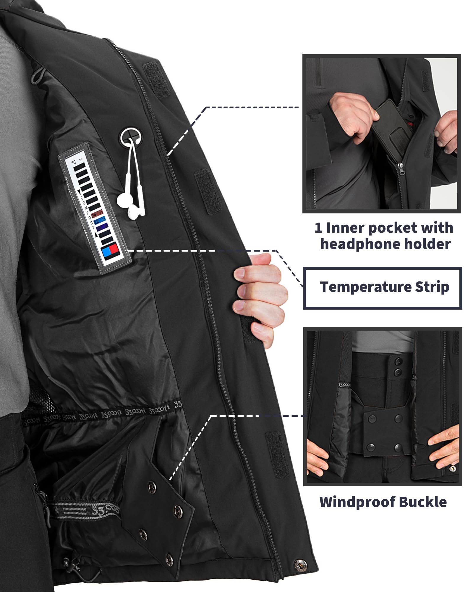 33,000ft Herren Skijacke Wasserdichte Winddichte Warme Outdoorjacke Winterjacke Funktionsjacke Atmungsaktive Snowboardjacke Softshell Jacke mit Kapuze