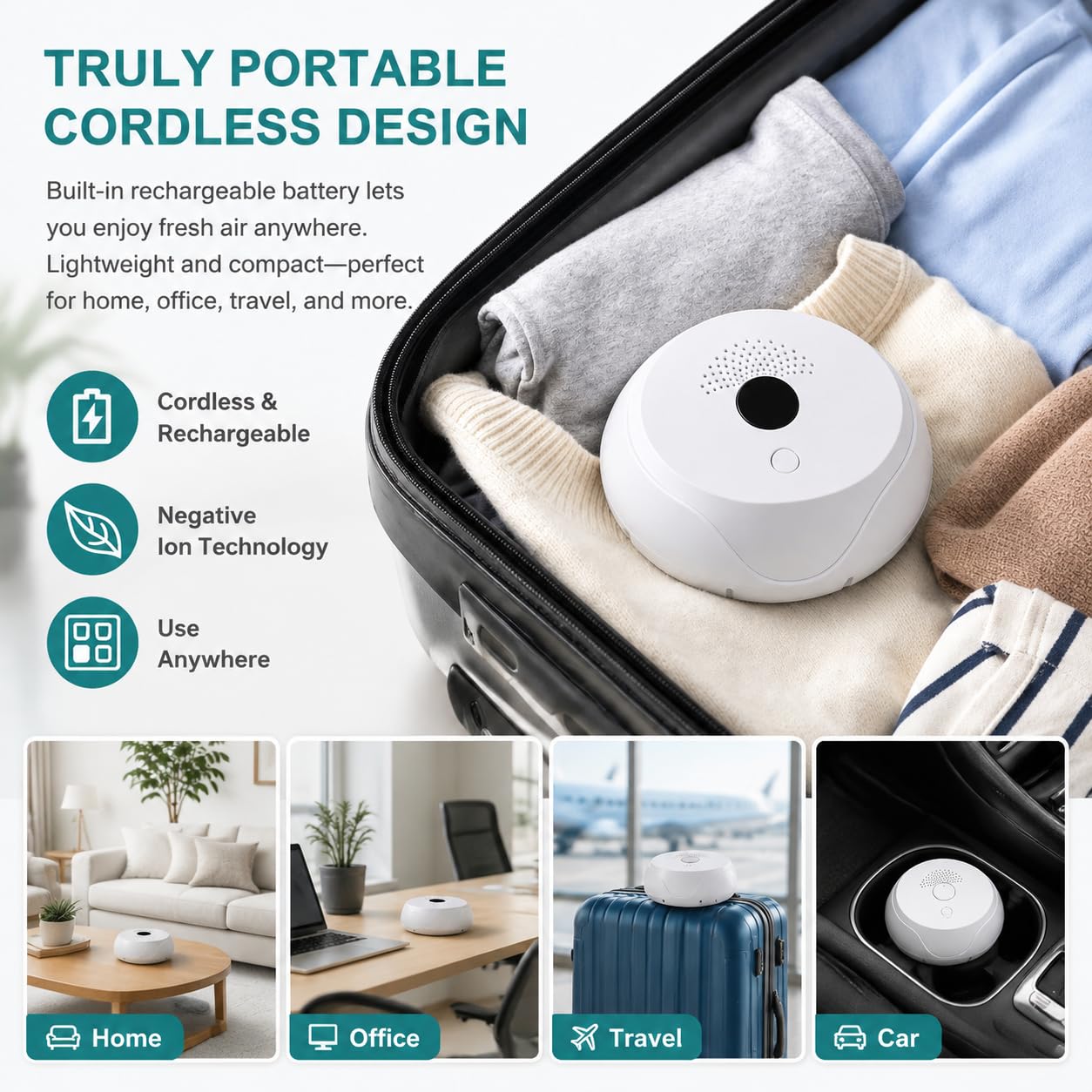 Ionizzatore d'aria 2026, purificatore d'aria ricaricabile agli ioni negativi, funzionamento silenzioso, deodorante portatile per casa, camera da letto, ufficio e cantina, odore, fumo, polvere e odore