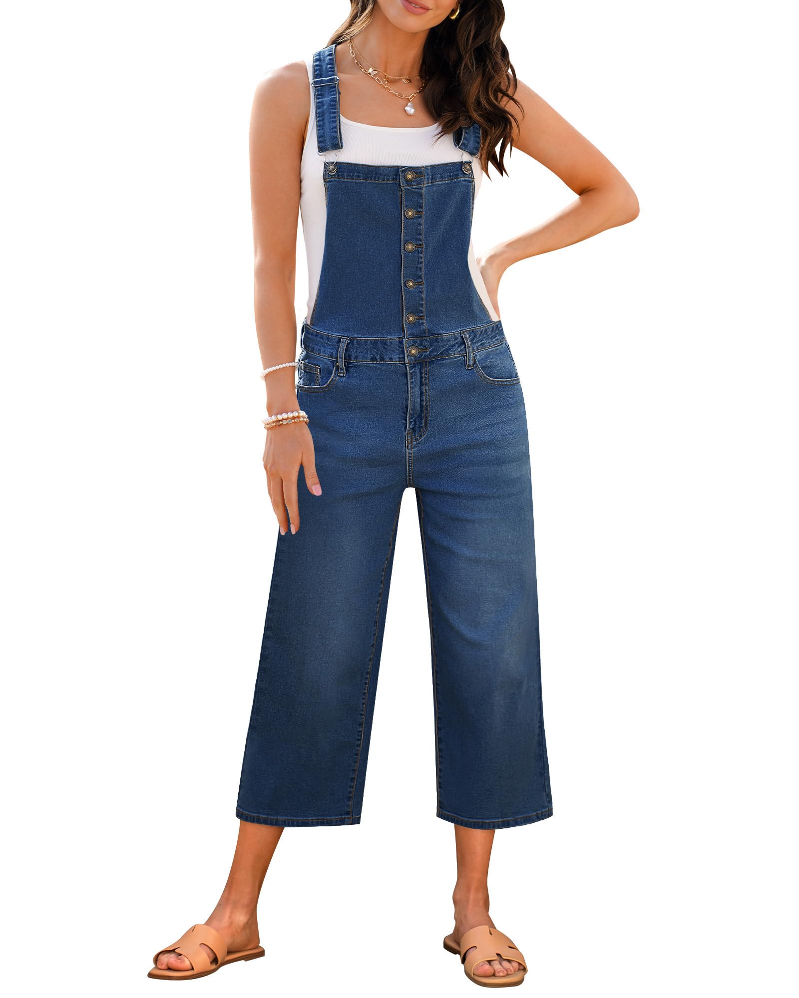 Photo 1 of luvamia Bib Overalls Women Capri Wide Leg Jeans Jumpsuit Button Front Denim Outfit Denim Overall Jumpsuit for Women Classic Blue Size Medium US 8 to 10
