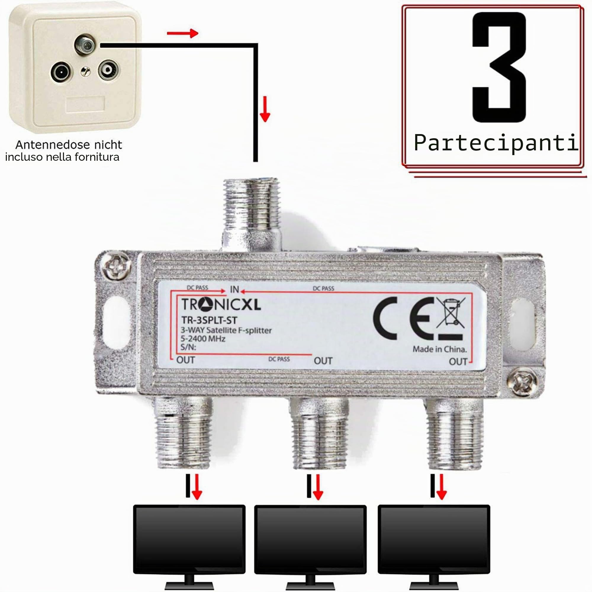 TronicXL, splitter per antenna, per TV via cavo, a 3 vie, IEC, adatta ad esempio per Unitymedia