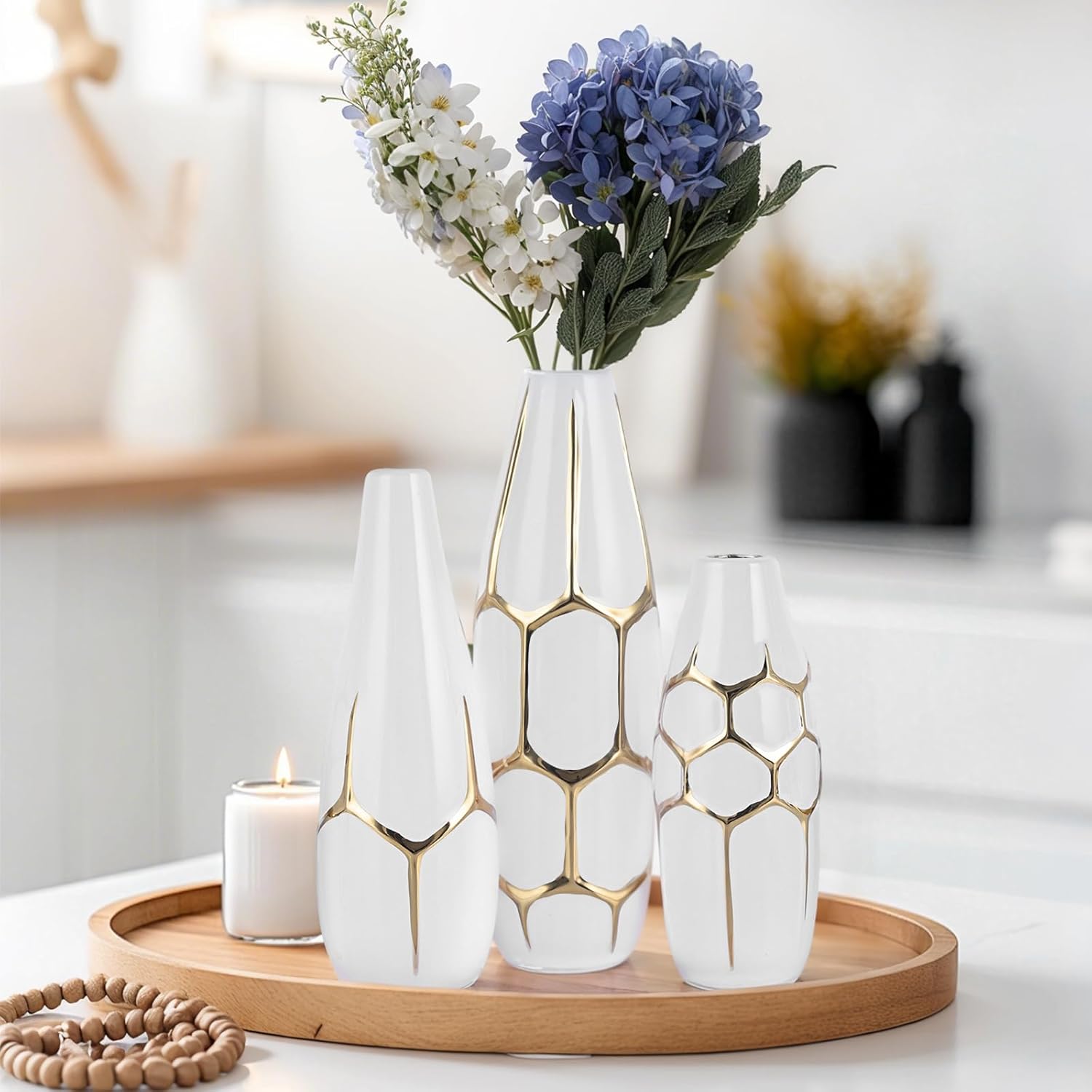 Ceramic Geometric Decorative Vase Set of 3, White and Gold Vases, Modern Home Decor Vases, Suitable for Living Room, Kitchen, Bedroom, Bathroom, Entryway Mantel, and TV Console Decor.