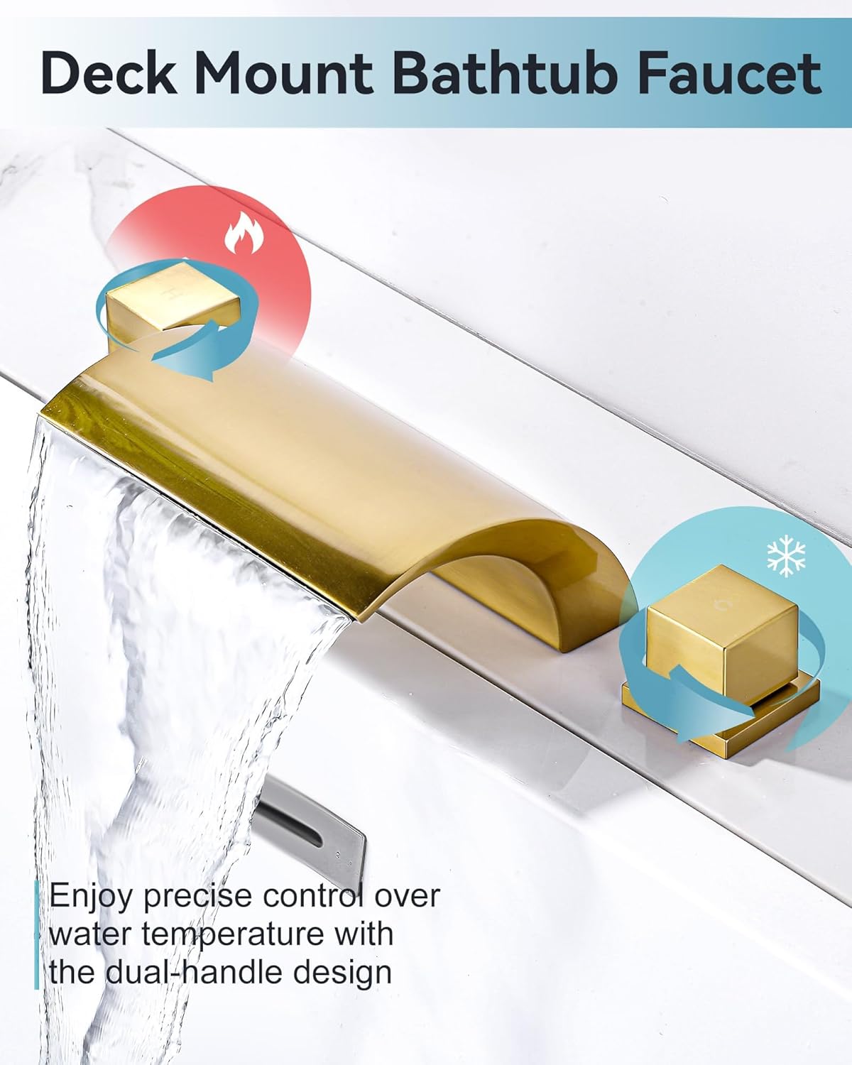 ALEASHA Waterfall Tub Faucet, Brushed Gold Roman Tub Faucet Widespread Spout Deck Mount, Solid Brass 2 Handle Bathroom Bathtub Faucet