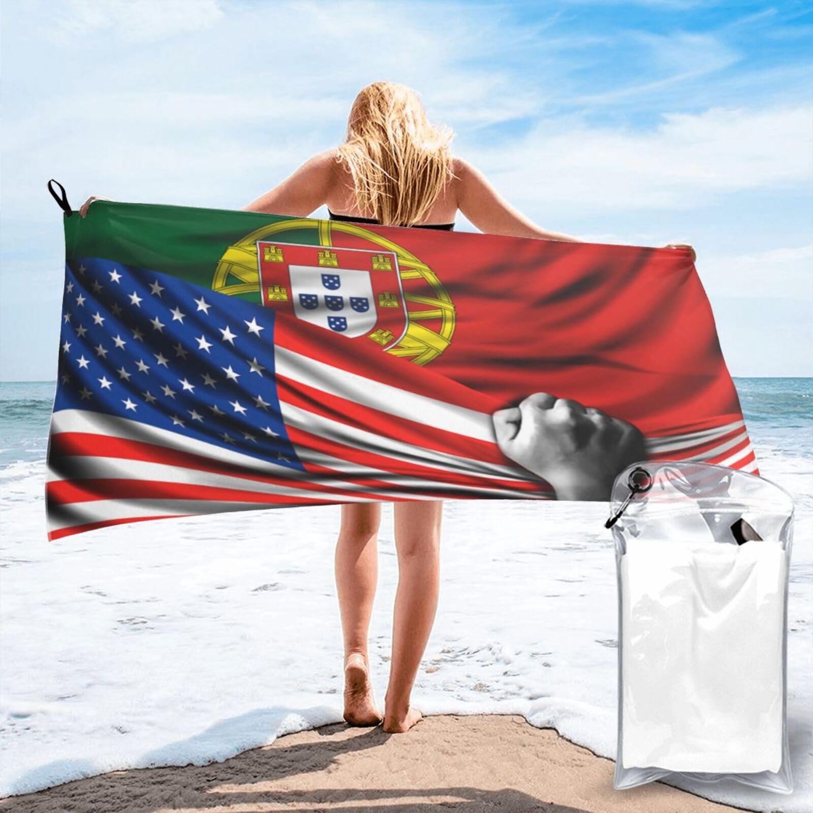 HACXZ Beach Towel America Flag and Portugal Portuguese Flag Microfiber Beach Towel Lightweight Absorbent 31.5"X63"