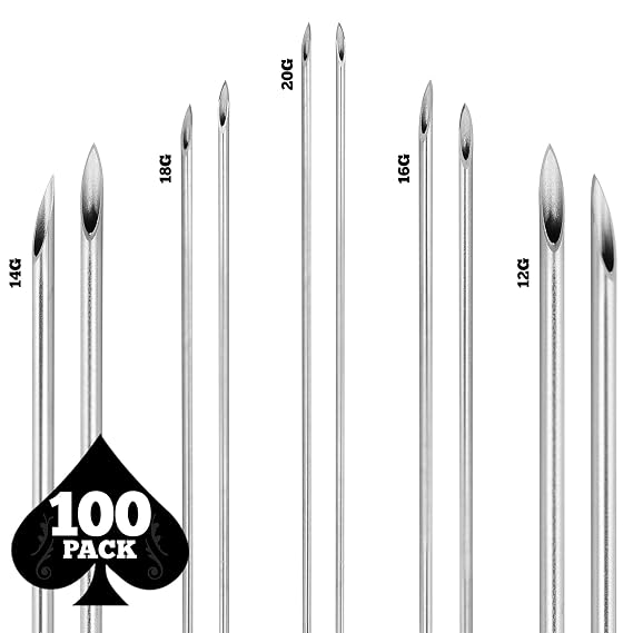 100 إبرة ثقب الجسم المختلطة بمقاسات 12 جرام و 14 جرام و 16 جرام و 18 جرام و 20 جرام (20 قطعة لكل منها)