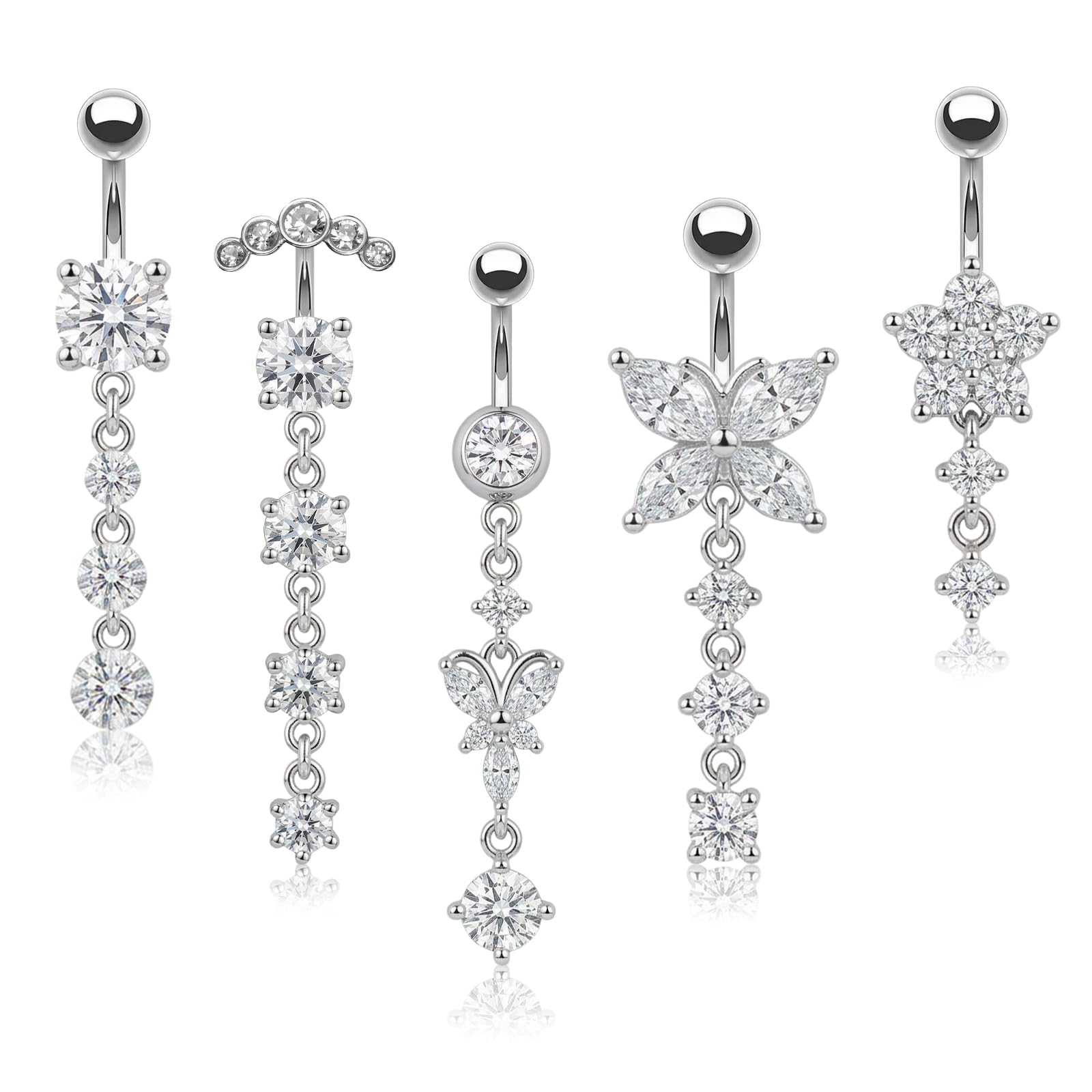 5 sztuk srebrnych kolczyków do pępka: piercing do pępka ze stali nierdzewnej 304, piercing do pępka 12 mm, długość pręcika 10 mm, kolczyk do brzucha, motyle, kwiaty, zawieszka dla kobiet i