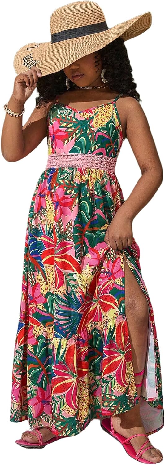Girl's Tropical Print Cami Dress Boho Tiered Spaghetti Strap Split Thigh Vacation Flowy Long Dresses