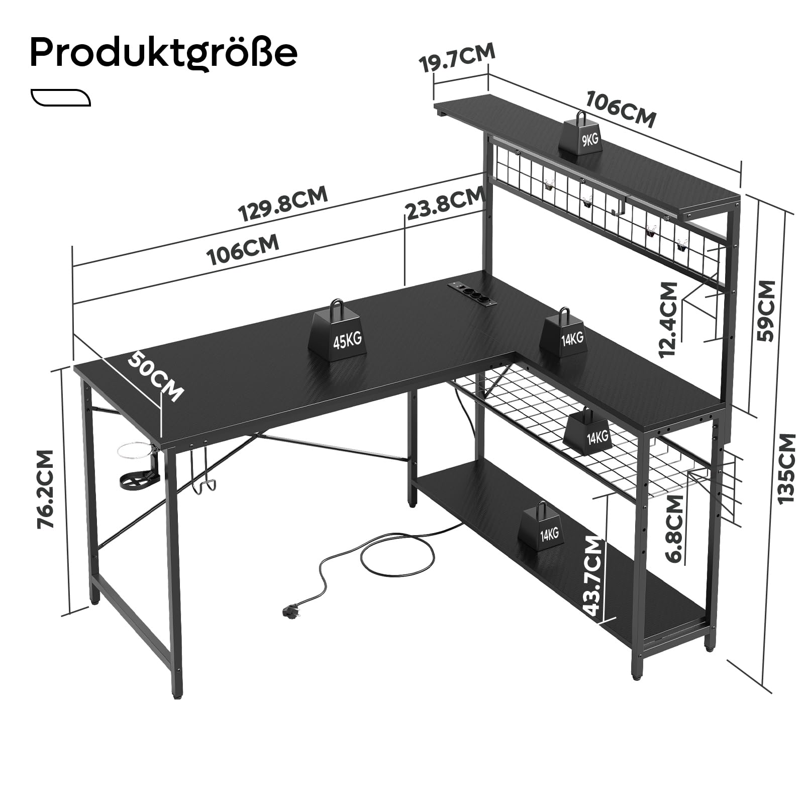 Bestier Gaming Desk 130 cm L förmig Reversibler Eckschreibtisch mit Steckdosen LED-Lichtern 4 Regalböden Haken & Becherhalter Ideal für Home Office und Gaming