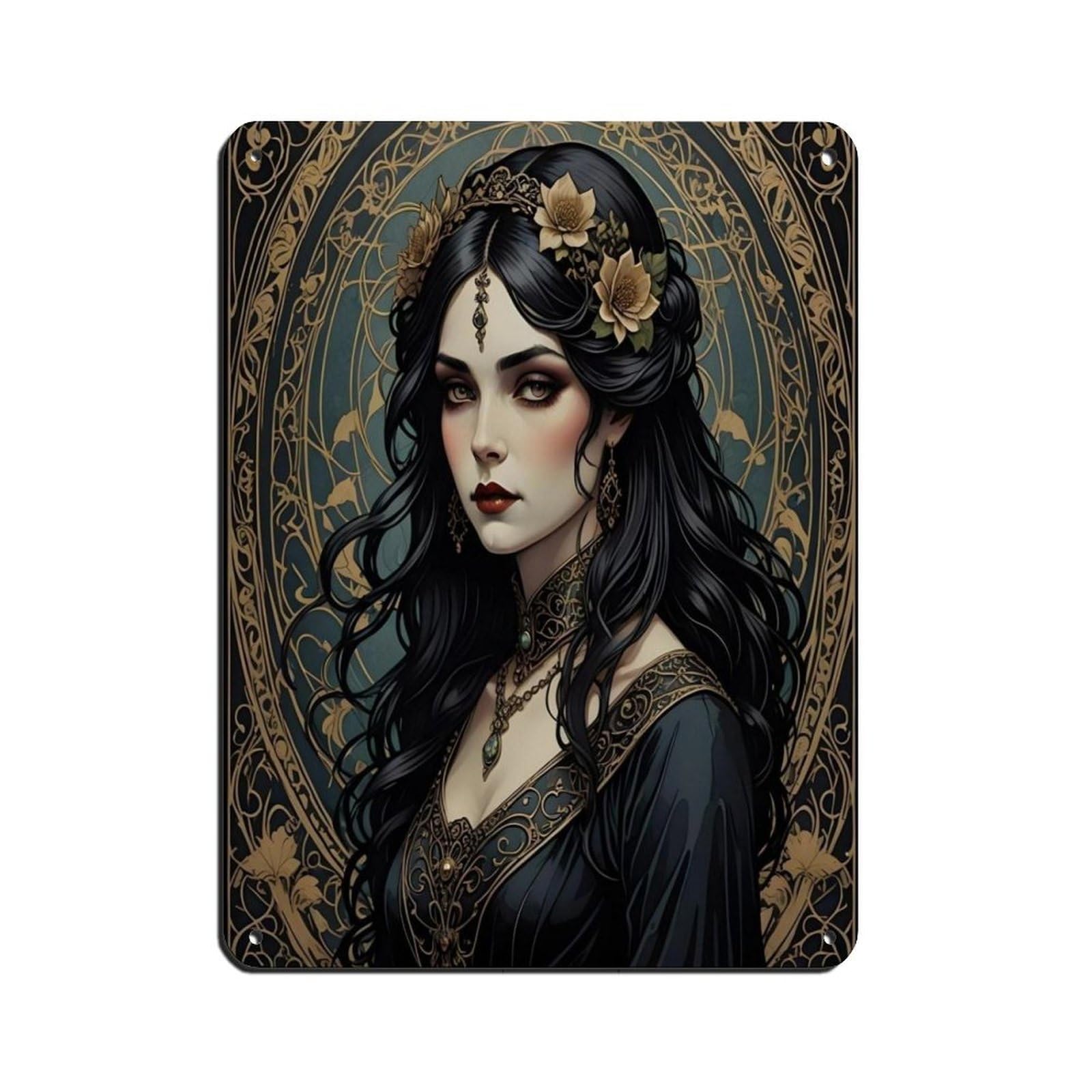 Art Nouveau Gothic Girl Portrait Poster Tin Sign Vintage Metal Pub Club Cafe Bar Home Wall Art Decoration Poster Retro 12x16inch(30x40cm)