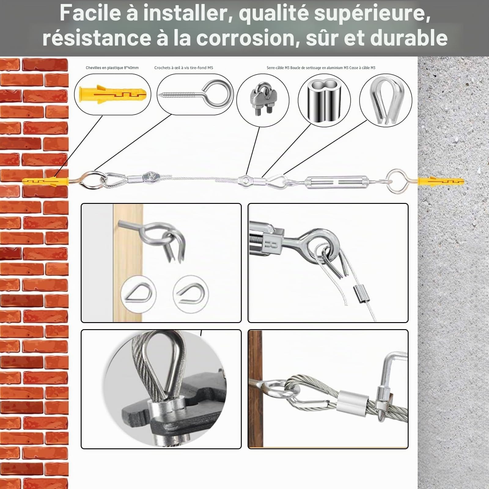 50m Câble Acier Kit, Câble Métallique en Acier Inoxydable Épais de 3mm, Tendeur Câble Inox avec Tendeur M5 de Fil, 304 Cable Acier Inoxydable à Noyau 7 x 7 Brins pour Plante Grimpante, Corde à Linge