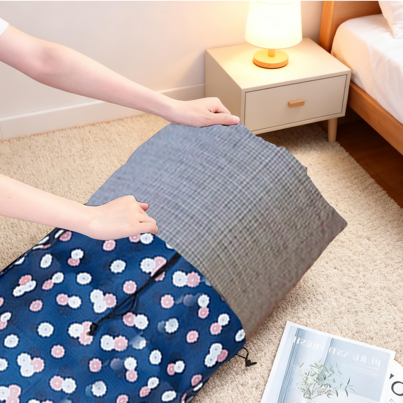 2sac de Rangement Géant en Tissu Oxford à Fleurs de 20 x 92cm Pochette de Rangement Anti Poussière pour Tapis avec Cordon de Serrage Sac de Déménagement pour Tapis Roulés pour L'Emballage