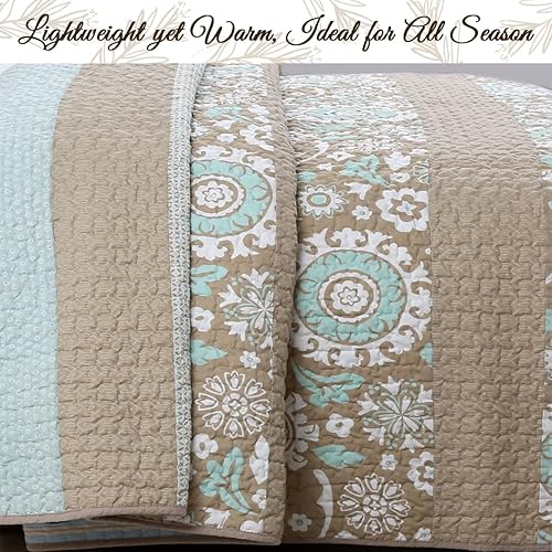 Miniatura 6 de Cozy Line Home Fashions Juego de ropa de cama reversible de 100 % algodón, diseño geométrico de medallón floral marrón topo, colcha para todas las