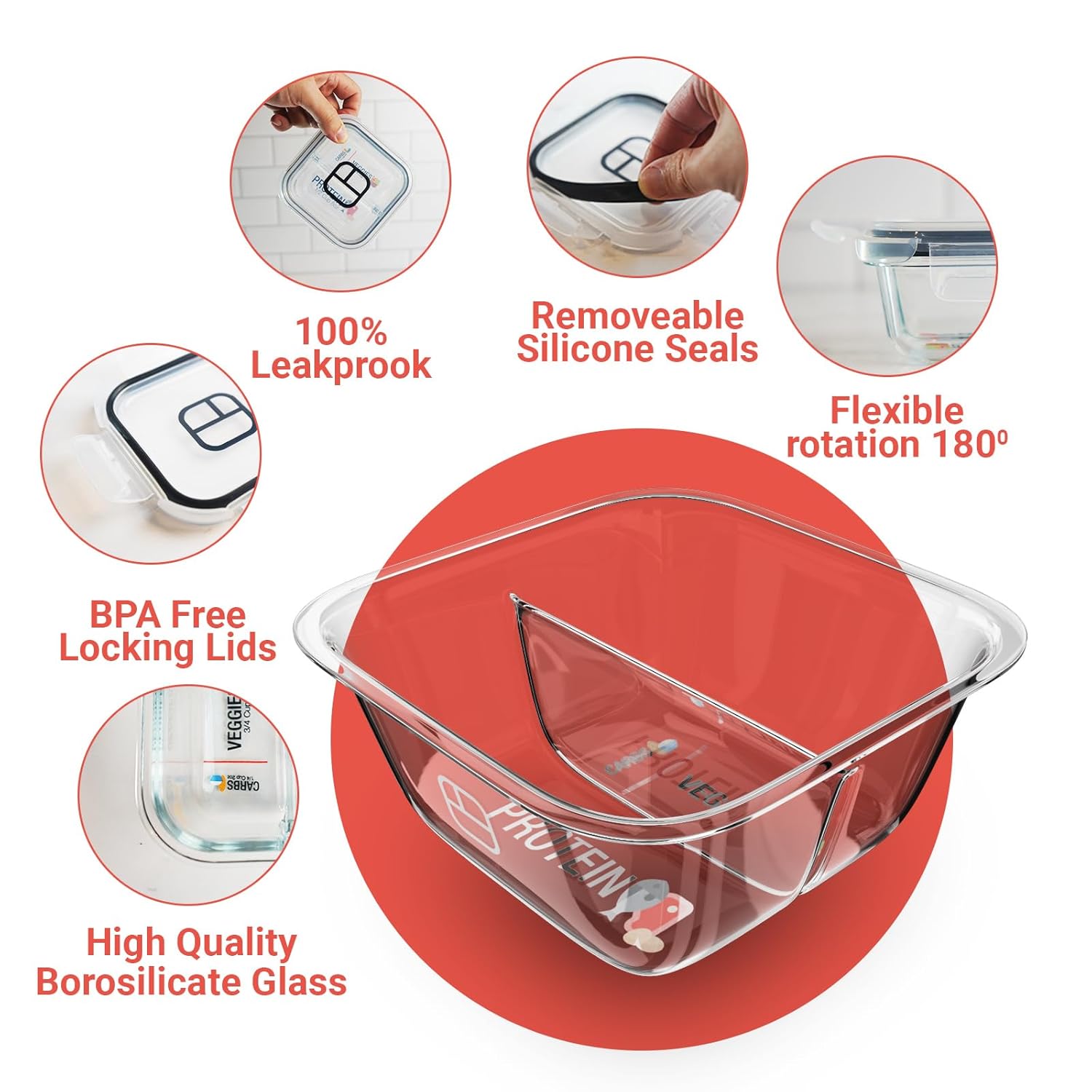 Portion Control Containers for Bariatric Meals – 8 oz Glass Meal Prep Containers with Two 4 oz Compartments and Lids (6 Pack Total), Reusable Bento Lunch Boxes