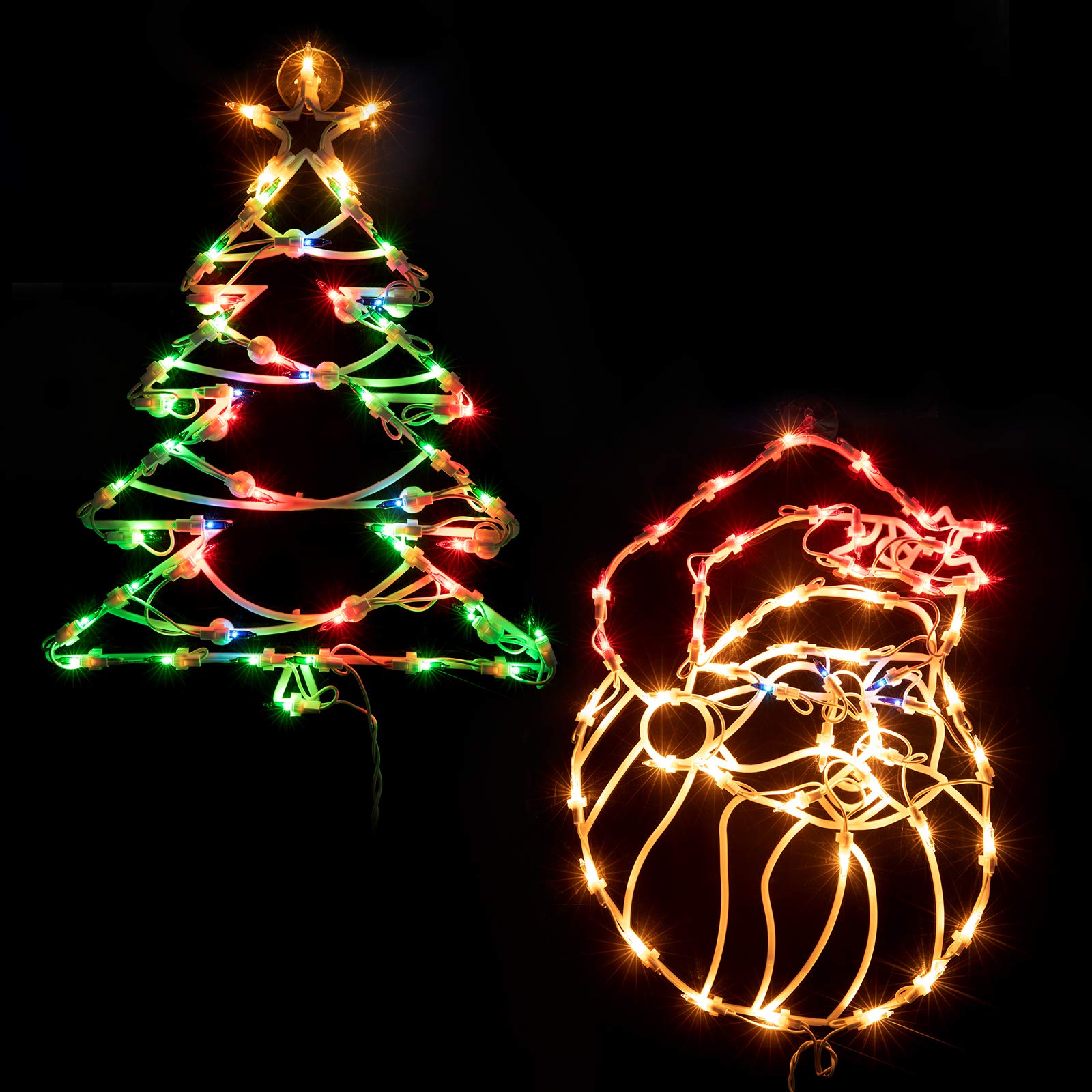 16 Inch Christmas Window Silhouette Lights Decorations, Pack of 2 Lighted Santa Claus and Xmas Trees Window Silhouette with 100 Bulbs for Holiday Indoor Wall Door Glass Decorations