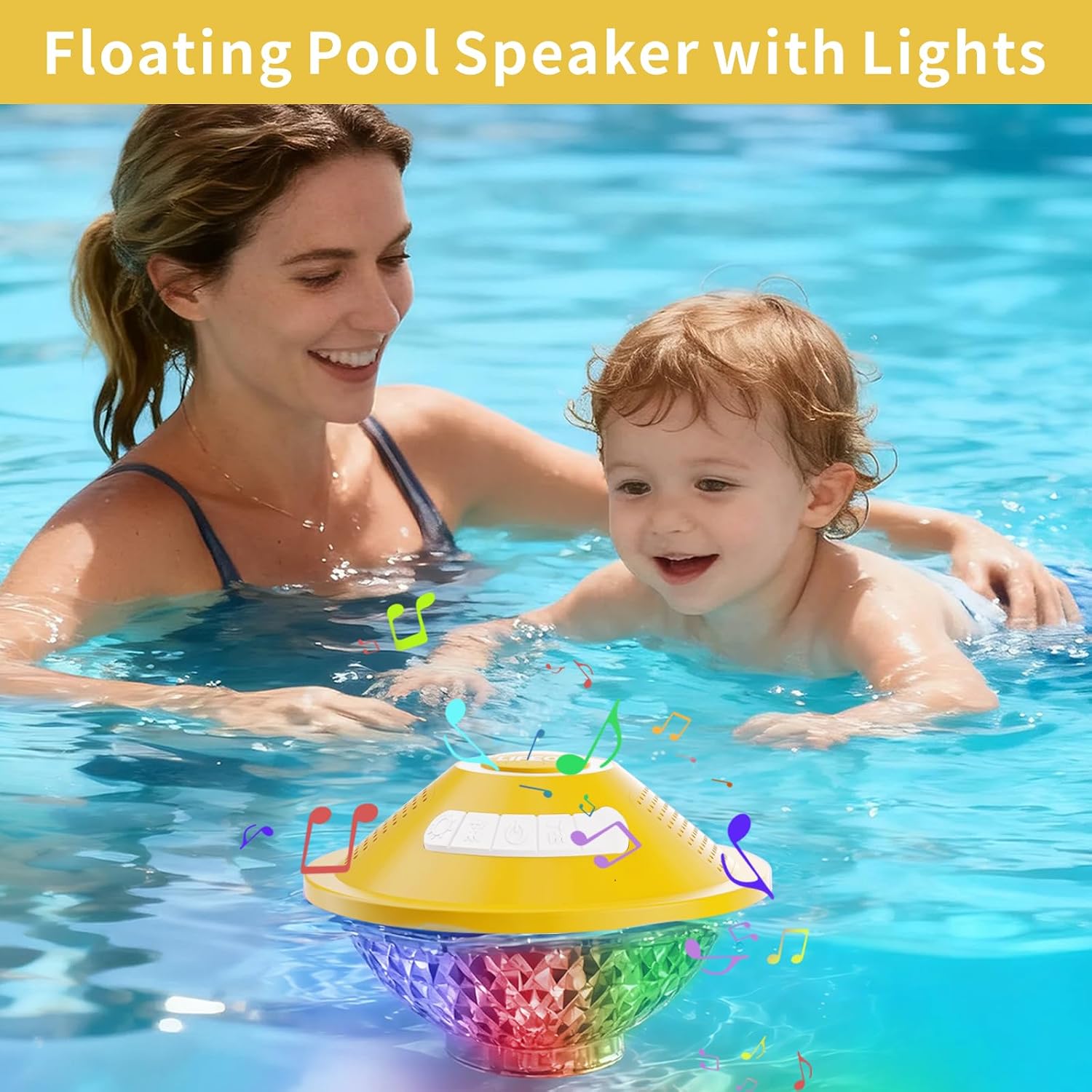 3 in 1 Floating Pool Fountain with Speaker & Lights Rechargeable, Yellow image 3