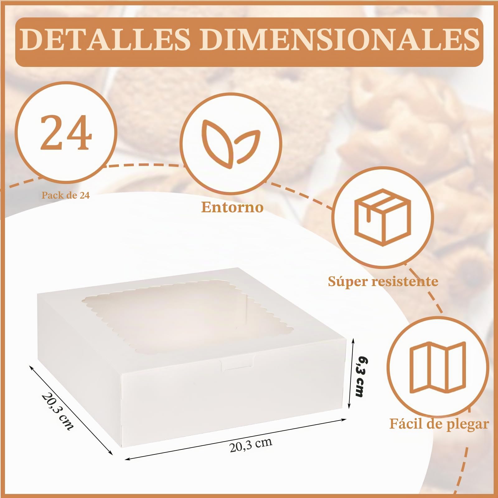 24 Cajas para Tartas Blancas con Ventana, 20,4 x 20,4 x 6,4 cm Cajas Para Cupcakes, Cartón Alimentario, Caja de Pastelería para Galletas, Magdalenas, Postres, Navidad, Cumpleaños, Bodas
