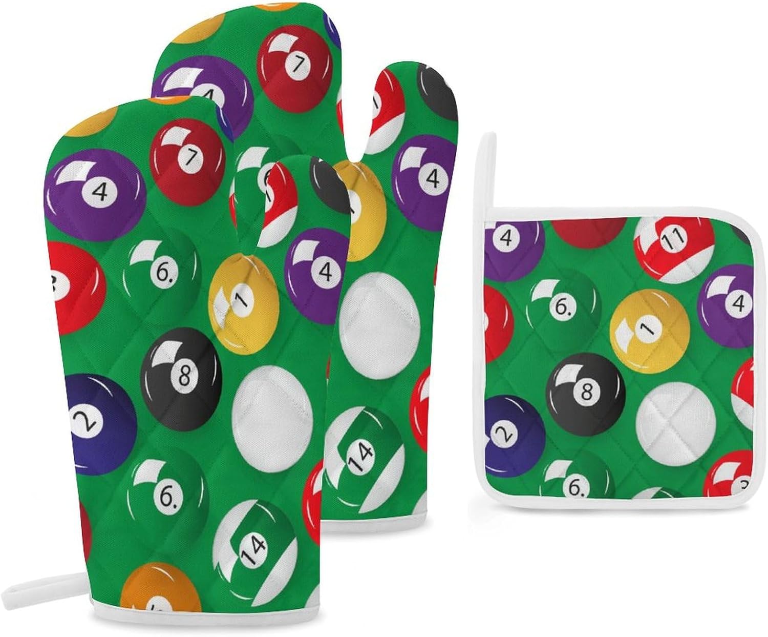 Billiards Pool Table Balls Print Oven Mitts and Pot Holders 3 Piece Sets Heat Resistant Gloves Hot Pads Potholders for Kitchen Baking Cooking