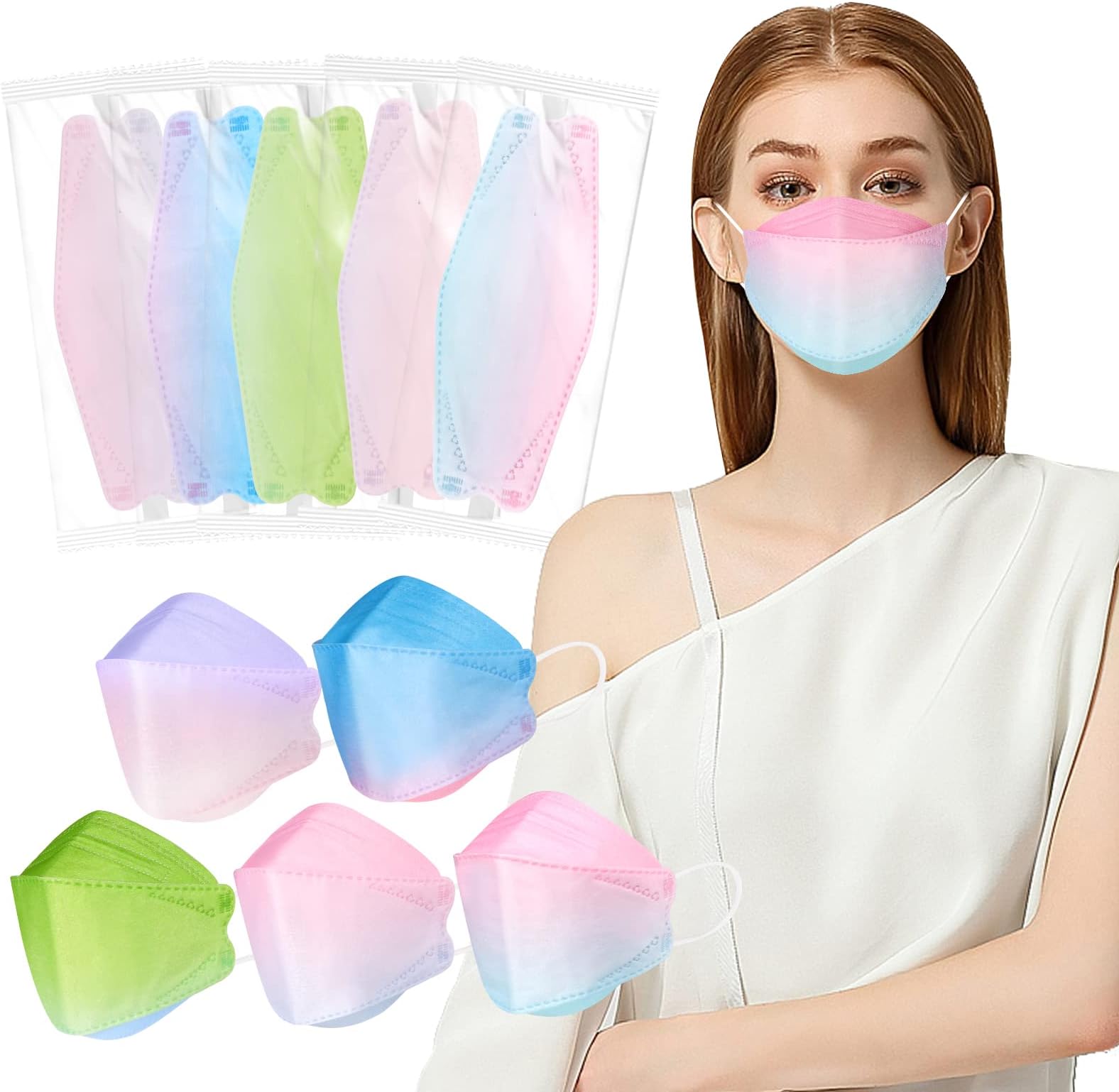 50 Pcs Individually Wrapped KF94 Face Mask,4 Layer Protective Fish Type Masks for Adult 3D Mouth Shields with Elastic Earloop and Nose Clip