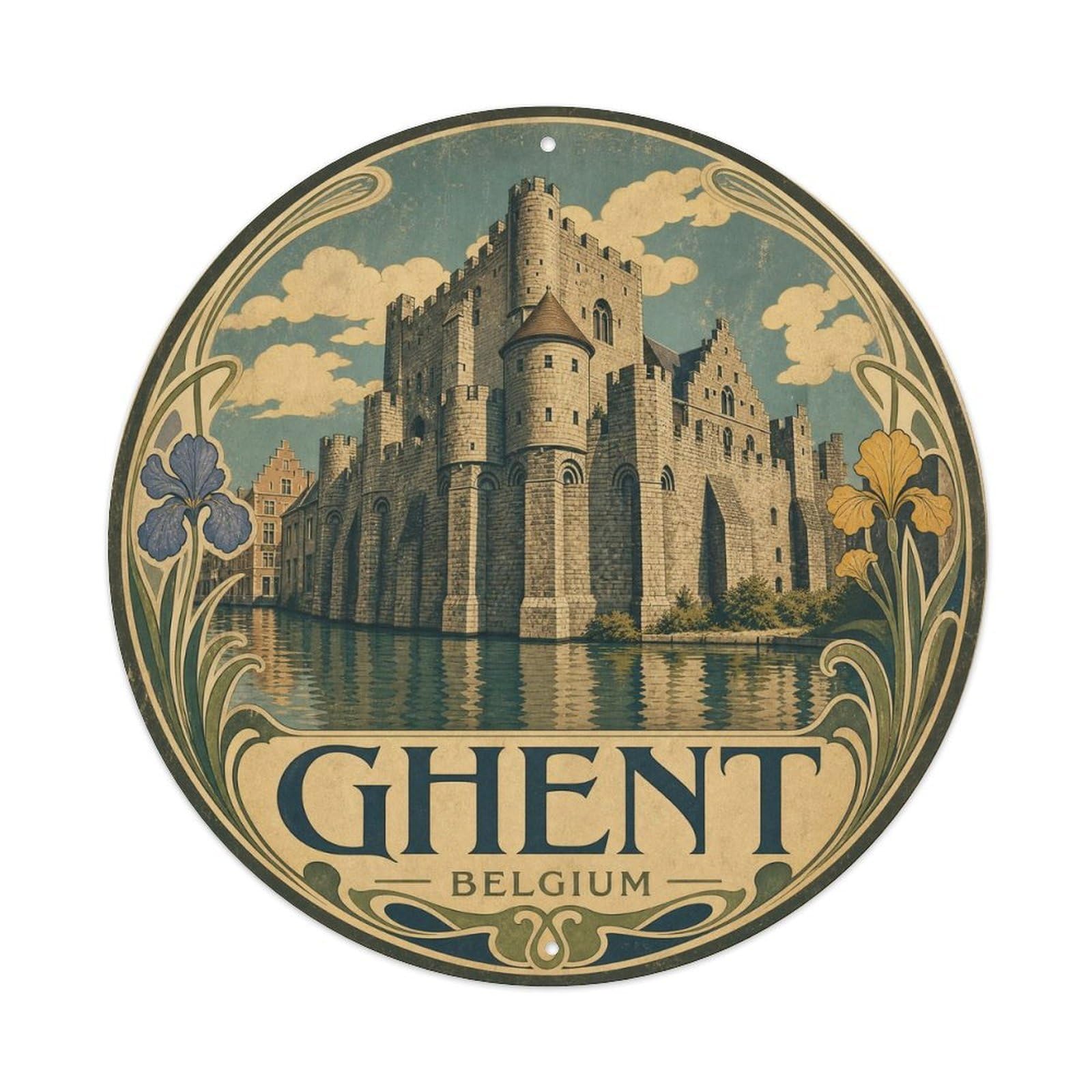 Vintage Travel Belgium Ghent Vintage Metal Tin Sign Plaque Wall Decor for Cafe, Club Bar, Office, Garden Metal Poster 8x8Inch
