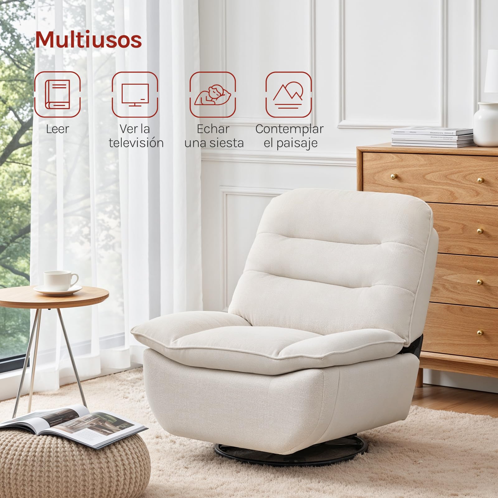 WOLTU Sillón Reclinable con Reposapiés, 360° y Asiento 95 cm, Beige | Sillón Relax con Giratorio, Sofa Individual, con Almacenamieinto Lateral, Estructura Metálica, Tapizado en Lino Sintético