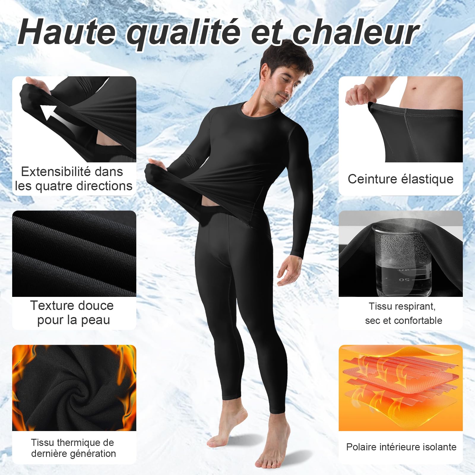 Channo Homme Ensemble de sous-Vêtements Thermiques : Haut à Manches Longues et Pantalon Thermique pour Le Sport en Hiver