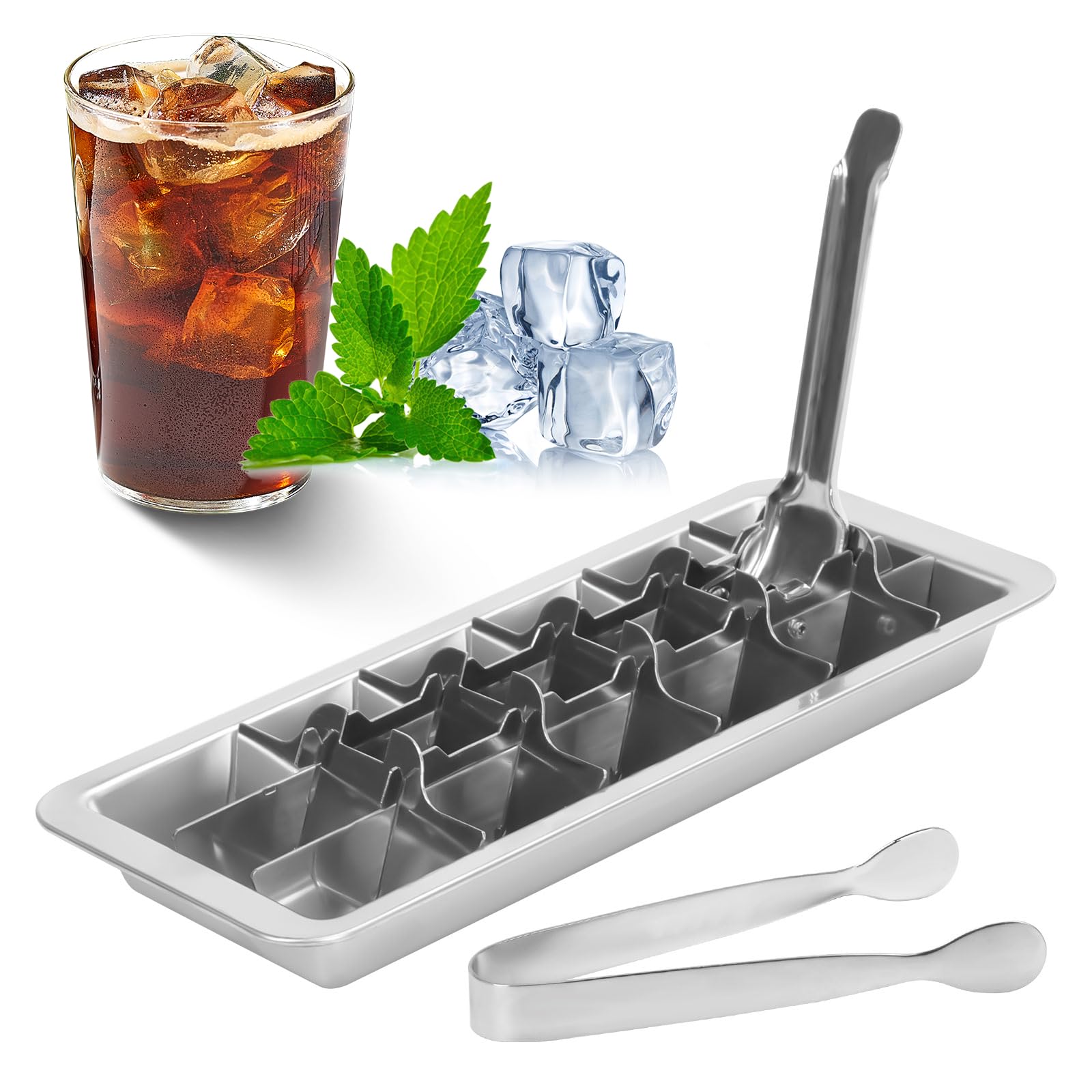 Taca na kostki lodu ze stali nierdzewnej, metalowa taca na kostki lodu z 18 otworami, łatwe uwalnianie kostek lodu ze zdejmowanymi gniazdami, foremka do kostek lodu do koktajli i whisky z uchwytem
