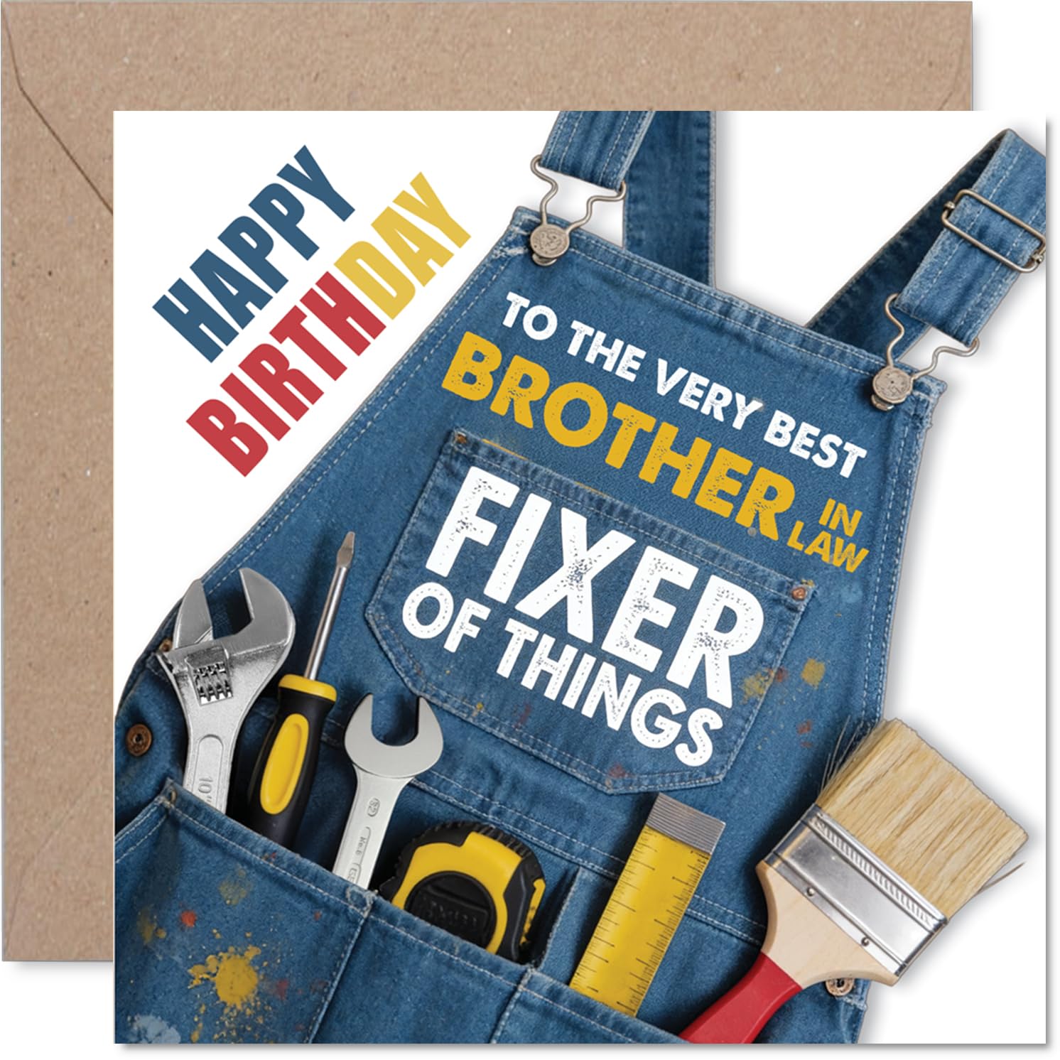Heartfelt Birthday Card for Brother in Law - Celebrating the Family Fixer - Denim-style Card with Classic Tool Illustrations - 145mm Square, Envelope Included