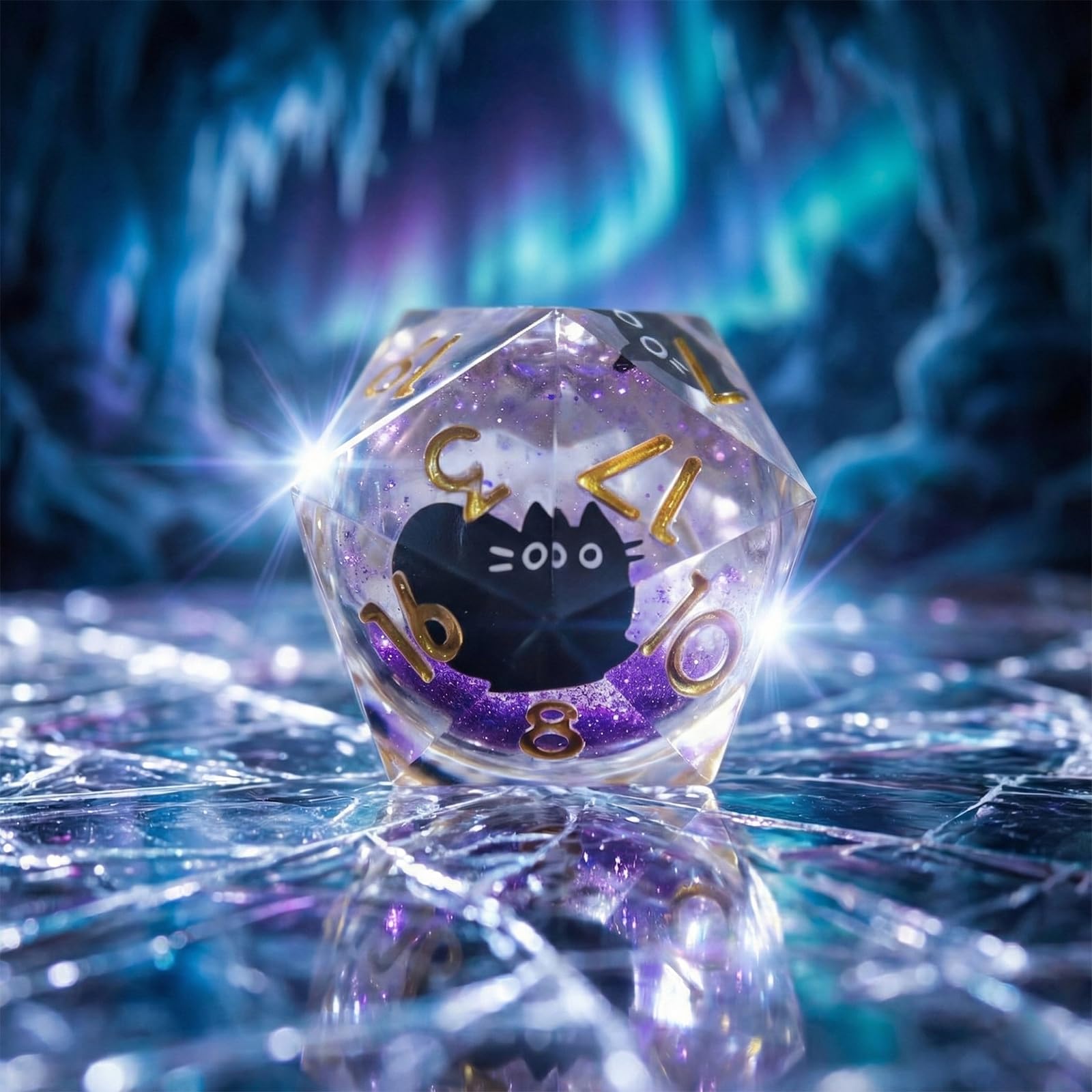 Luazuri Liquid Core Dice,Cat DND Dice Set with Box,7Pcs Resin Dungeons Dragons D and D Dice, Sharp Edge Role Playing Game Dice D20 D12 D10 D8 D6 D4. (Purple)