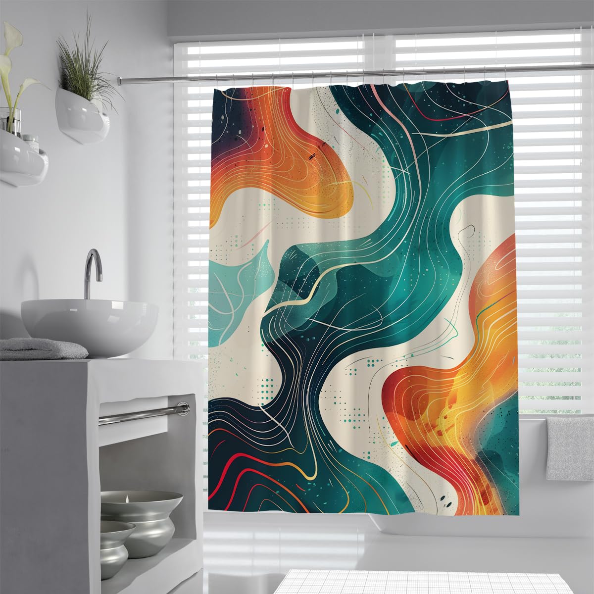 UIRINGART Bath Drapery with Hooks W180xL200cm Water Repellent Anti Mould Washable Polyester Fabric Shower Curtains Abstract Topographic Map Wave Lines Teal Orange Retro Design Hotel Tub Decor