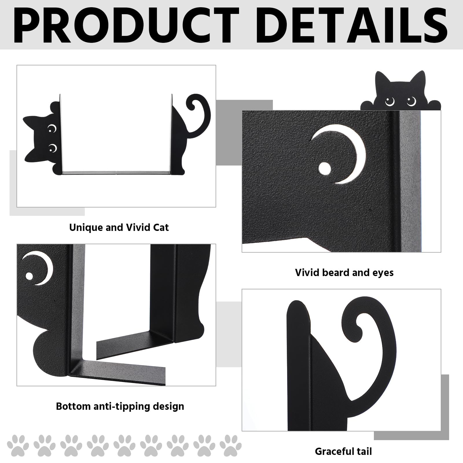 Fermalibri in Metallo Hidden Cat Nero, Fermalibri Decorativi Antiscivolo a Forma di Gatto per Libreria